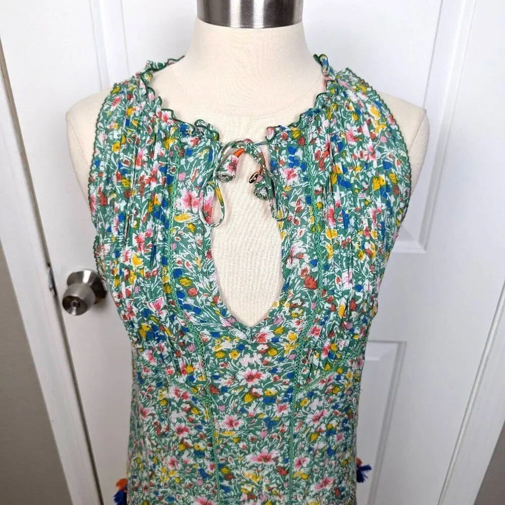 Poupette St Barth | Green Floral Sleeveless Keyhole Mini Dress Tassel Size Mediu